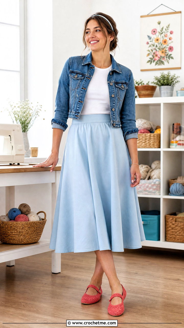 Mary Jane Crochet Slippers With a Midi Skirt and Tee - 35 easy crochet slippers adult outfit ideas