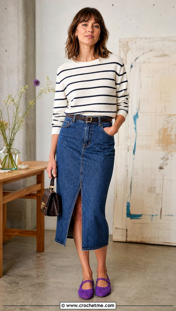 Mary Jane Crocheted Slippers With a Denim Midi Skirt - 35 crocheted slippers outfit ideas