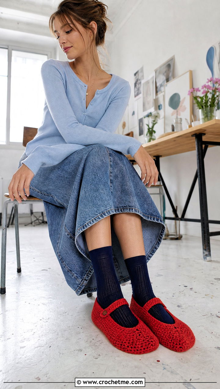 Mary Jane Folded Crochet Slippers With Midi Skirt - 25 Folded Crochet Slippers outfit ideas