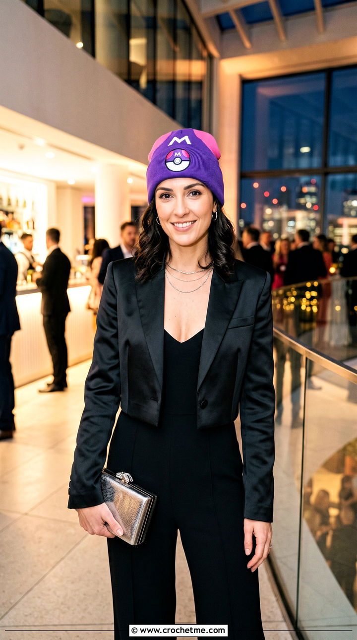 Master Ball Graphic Beanie With Evening Jumpsuit - 30 crochet pokemon beanie outfit ideas