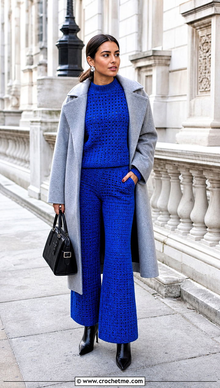 Matching Crochet Lounge Pants With A Longline Coat - 30 crochet lounge pants outfit ideas