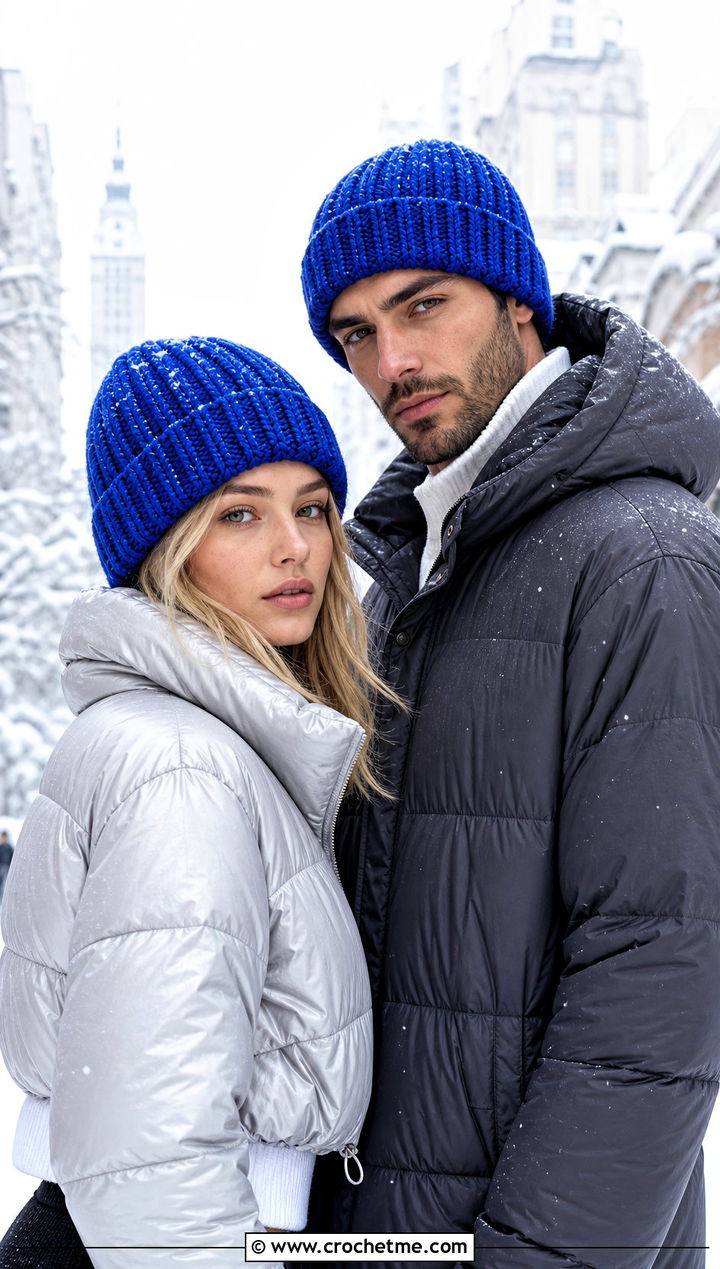 Matching Ribbed Crochet Beanies With Puffer Jackets - 15 Couples Crochet Hats outfit ideas