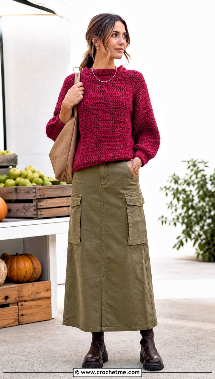 Matterhorn Raglan Sweater With Utility Maxi Skirt - 15 Crochet Mountain Sweater outfit ideas