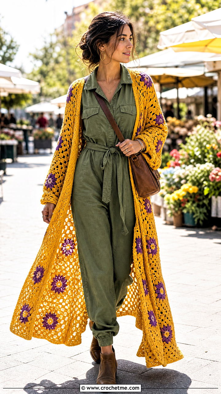 Maxi Big Granny Square Cardigan With Utility Jumpsuit - 35 Big Granny Square Cardigan outfit ideas
