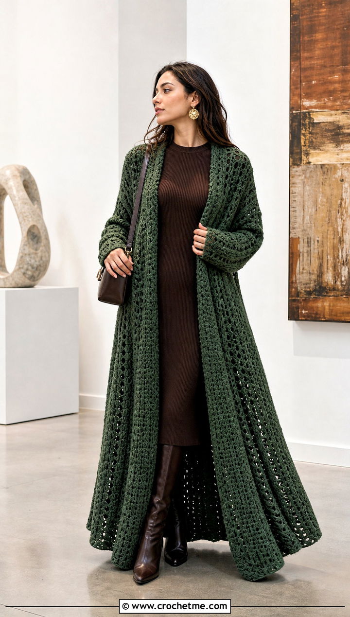 Maxi Circle Cardigan With Knit Dress - 30 crochet circle cardigan outfit ideas