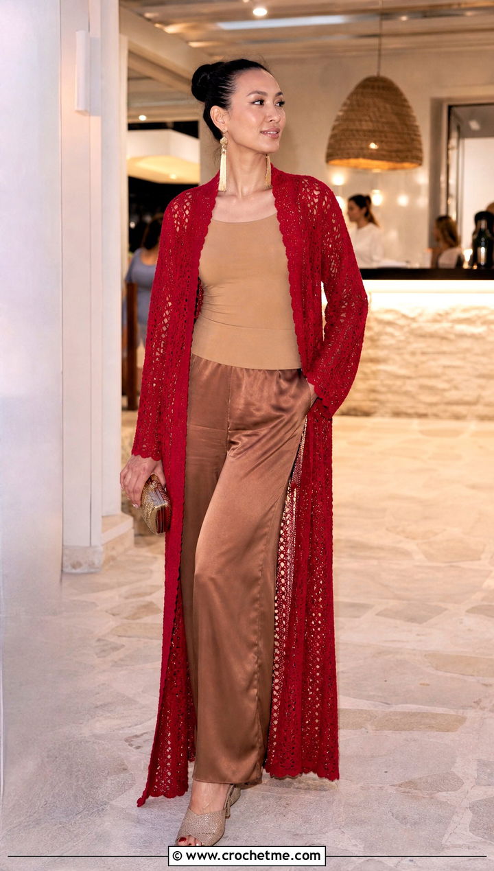 Maxi Crochet Bathrobe With Satin Pants - 30 crochet bathrobe outfit ideas