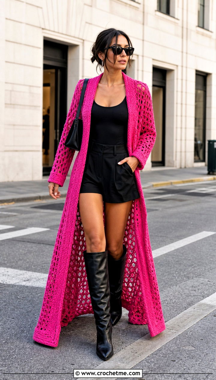 Maxi Crochet Coat With Shorts And Tall Boots - 25 crochet coat ideas