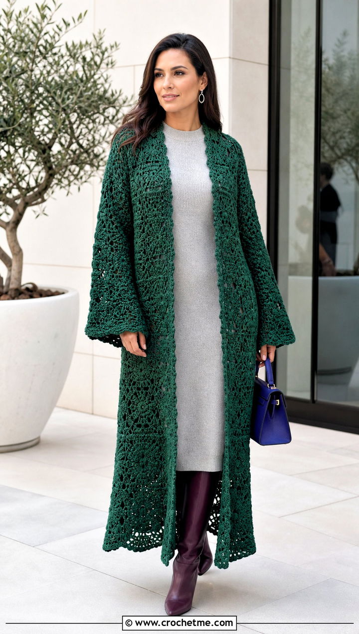 Maxi Crochet Duster Coat With a Sweater Dress - 35 crochet long jacket outfit ideas