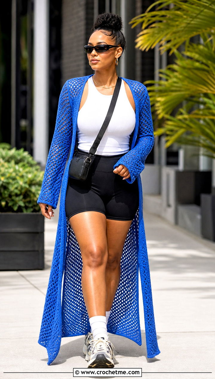 Maxi Crochet Duster With Bike Shorts And Sneakers - 25 Easy Crochet Duster outfit ideas