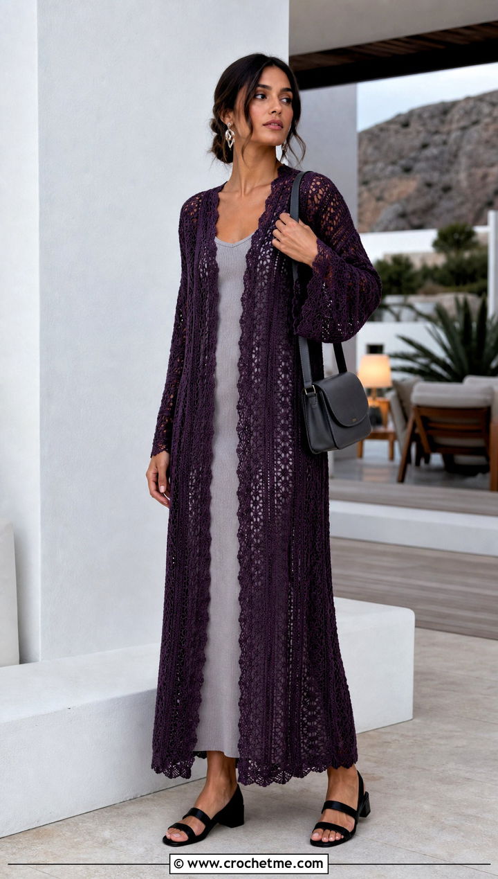 Maxi Crochet Lace Duster Kimono With Knit Dress - 25 crochet lace kimono outfit ideas