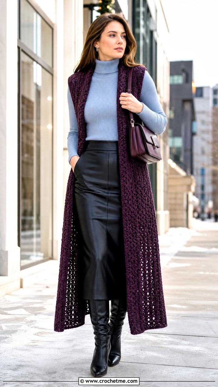 Maxi Crochet Long Vest With Faux Leather Midi Skirt - 35 Crochet Long Vest outfit ideas