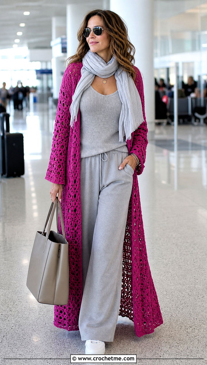 Maxi Crochet Mesh Duster Cardigan With Knit Travel Set - 35 crochet mesh cardigan outfit ideas