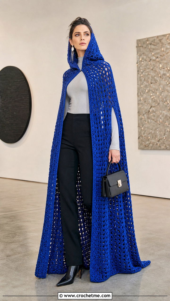Maxi Crochet Poncho With Hood And Slim Trousers - 35 crochet poncho with hood outfit ideas
