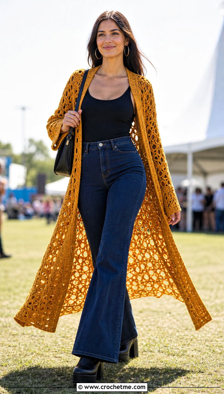 Maxi Crochet Sweater Coat With A Bodysuit And Flared Jeans - 20 Crochet Sweater Coat outfit ideas