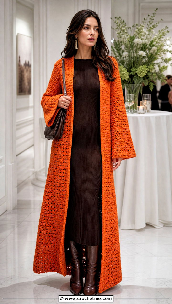 Maxi Crochet Winter Coat With Column Knit Dress - 20 Crochet Winter Coat outfit ideas