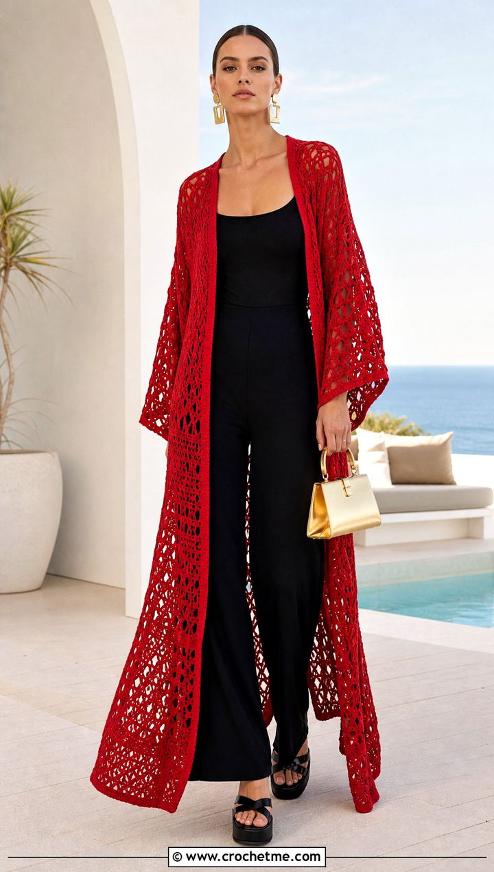 Maxi Duster Crochet Kimono With Fitted Jumpsuit - 15 crochet kimono cover up outfit ideas