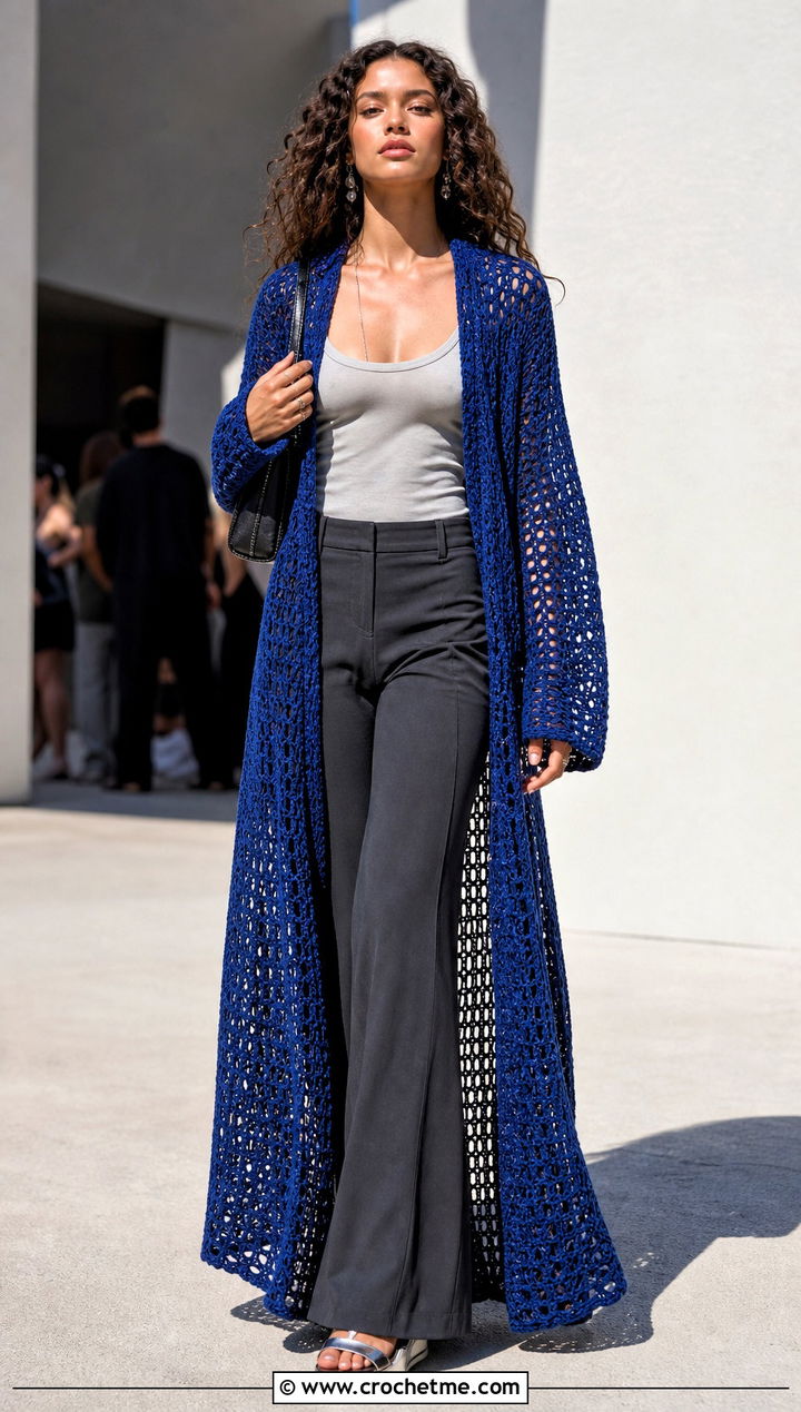 Maxi Filet Crochet Duster With a Tank and Flared Pants - 25 filet crochet cardigan outfit ideas