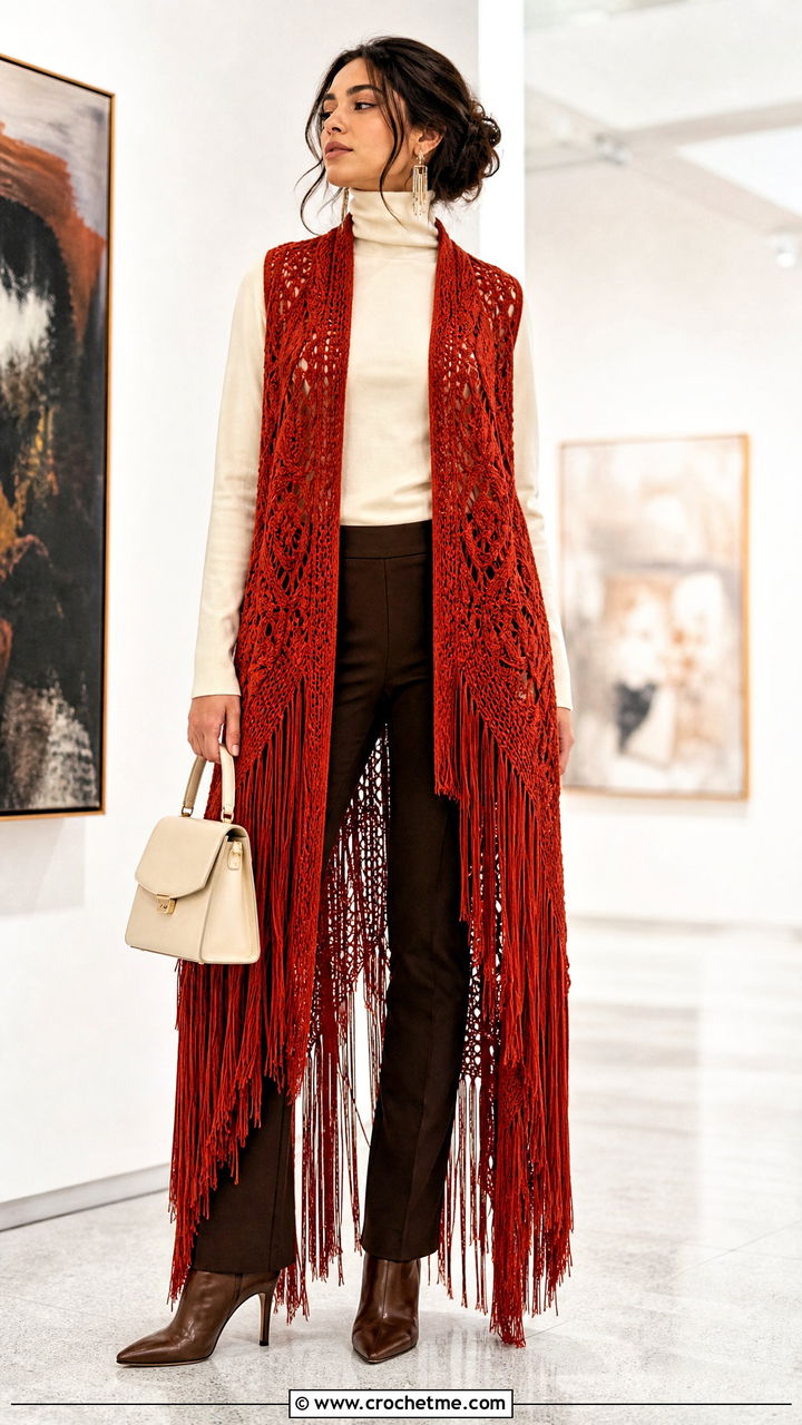 Maxi Fringe Crochet Vest With a Turtleneck Outfit - 35 boho crochet vest outfit ideas
