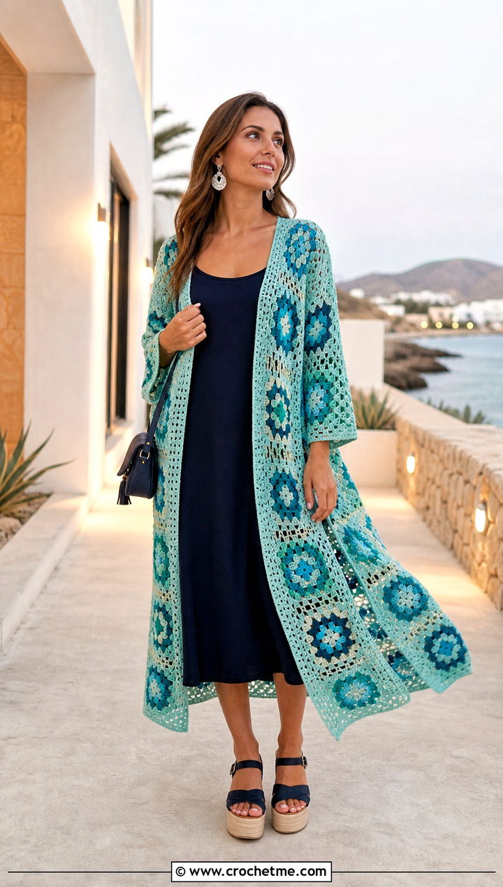 Maxi Granny Square Cardigan With Tank Dress - 30 granny squares cardigan outfit ideas
