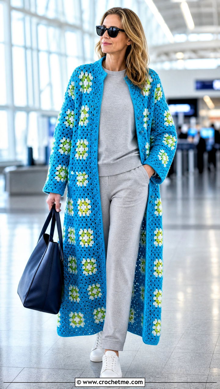 Maxi Granny Square Coat With Sweatsuit - 30 crochet granny square coat outfit ideas