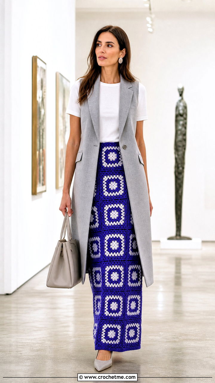 Maxi Granny Square Column Skirt With Longline Vest - 35 crochet granny skirt outfit ideas