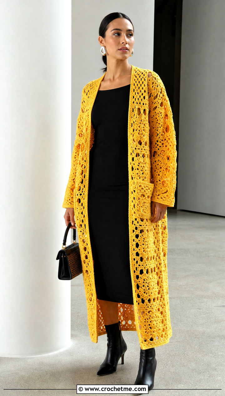 Maxi Granny Square Crochet Coat With Black Column Dress - 25 Granny Square Crochet Coat outfit ideas