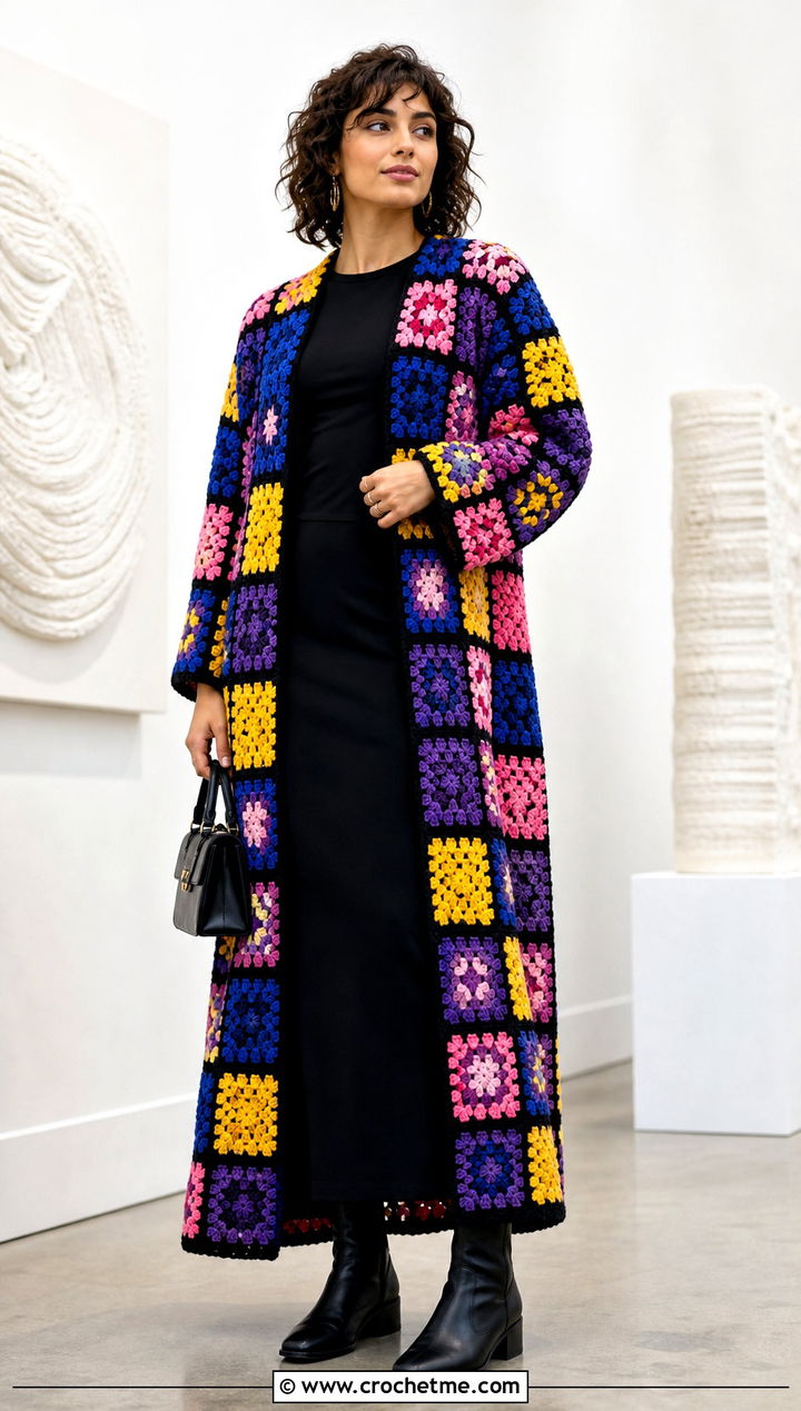 Maxi Granny Square Crochet Coat With Column Dress - 15 crochet coat size m outfit ideas