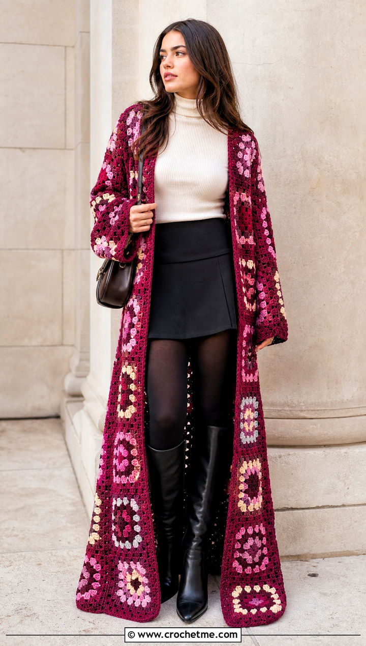 Maxi Granny Square Crochet Duster With Mini Skirt - 15 Granny Square Crochet Duster outfit ideas