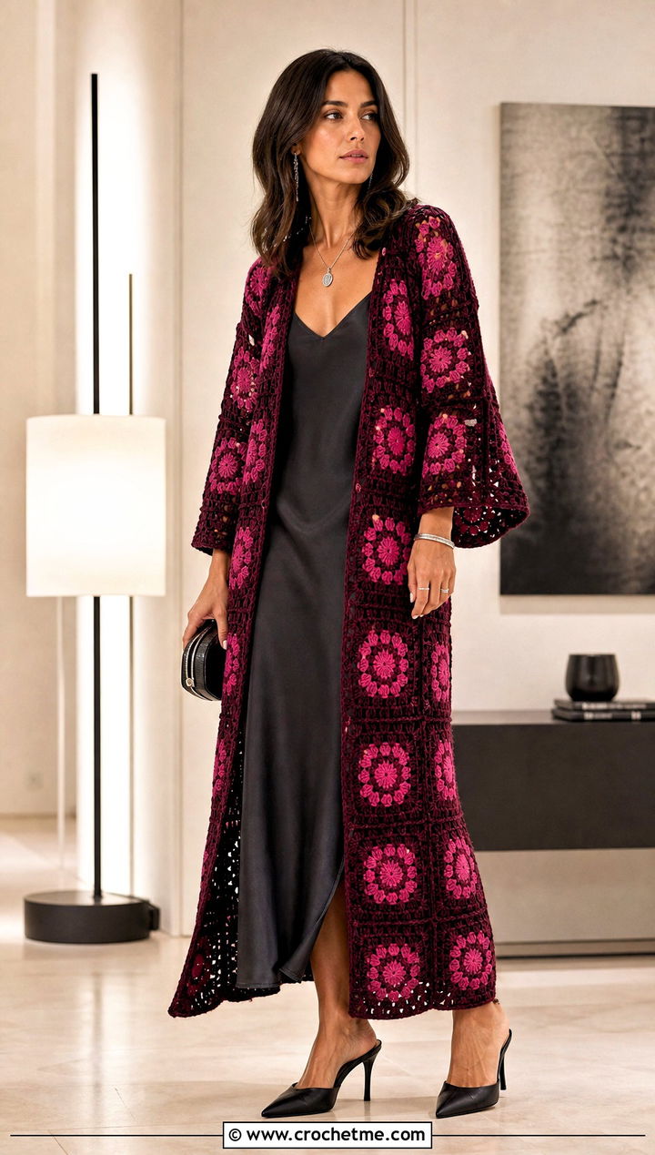 Maxi Granny Square Duster Coat With Slip Dress - 15 crochet granny square afghan style coat cardigan outfit ideas