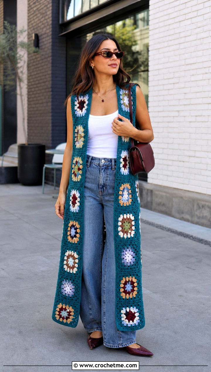 Maxi Granny Square Open Vest With Barrel Jeans - 25 granny square open vest outfit ideas