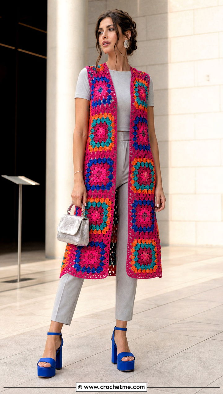 Maxi Granny Square Waistcoat With Minimal Separates - 35 granny square waistcoat outfit ideas
