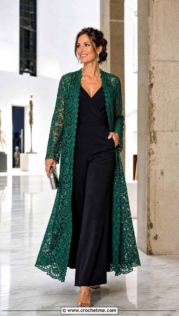 Maxi Lace Crochet Duster Cardigan With Evening Jumpsuit - 30 Crochet Lightweight Cardigan outfit ideas
