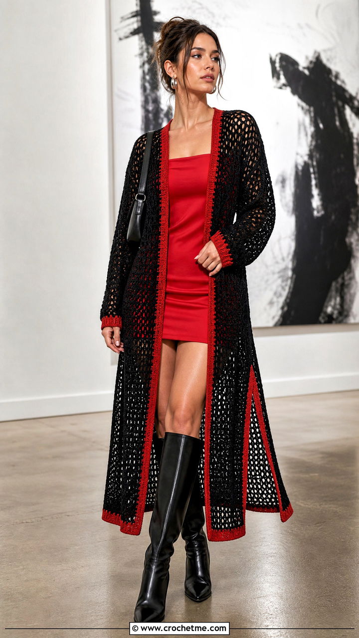 Maxi Length Black Crochet Cardigan With Mini Dress - 35 black crochet cardigan outfit ideas