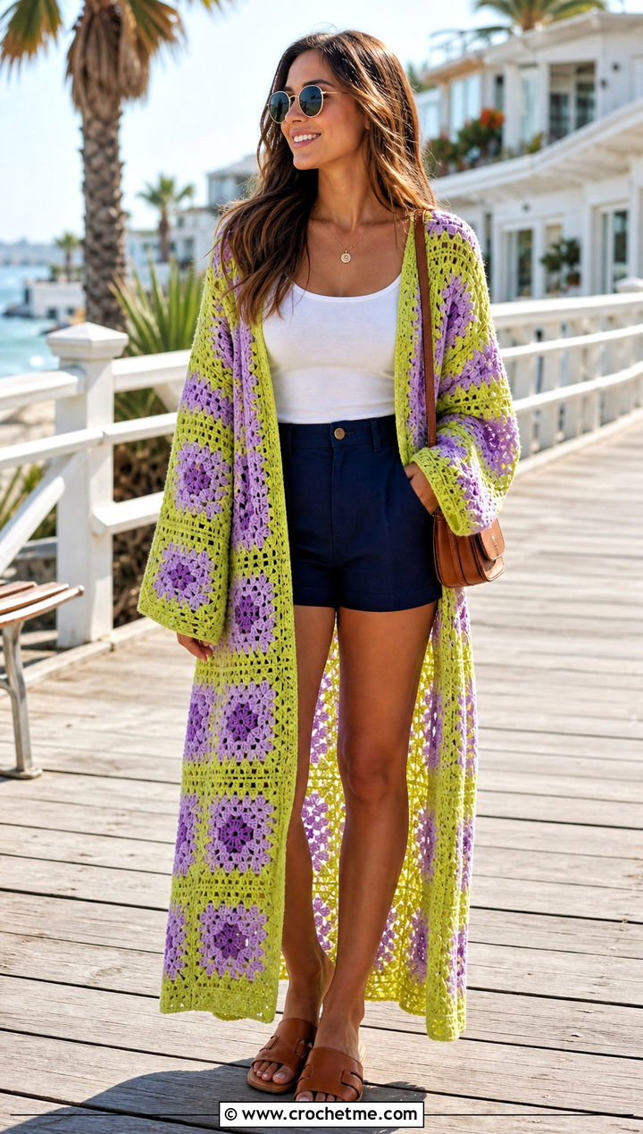 Maxi Length Giant Granny Square Cardigan With Tank And Shorts - 35 giant granny square cardigan outfit ideas
