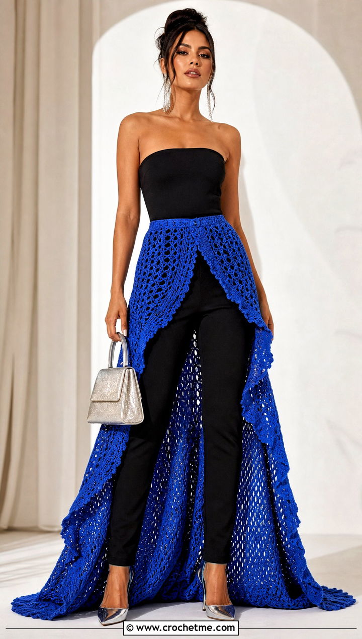 Maxi Train Crochet High Low Skirt With Strapless Jumpsuit - 25 crochet high low skirt outfit ideas