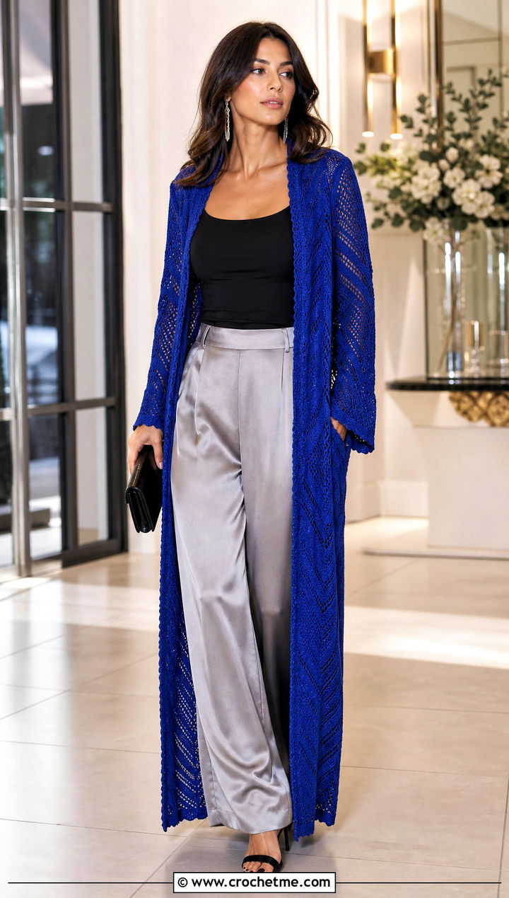 Maxi V Stitch Cardigan With Satin Trousers - 25 Crochet V Stitch Cardigan outfit ideas