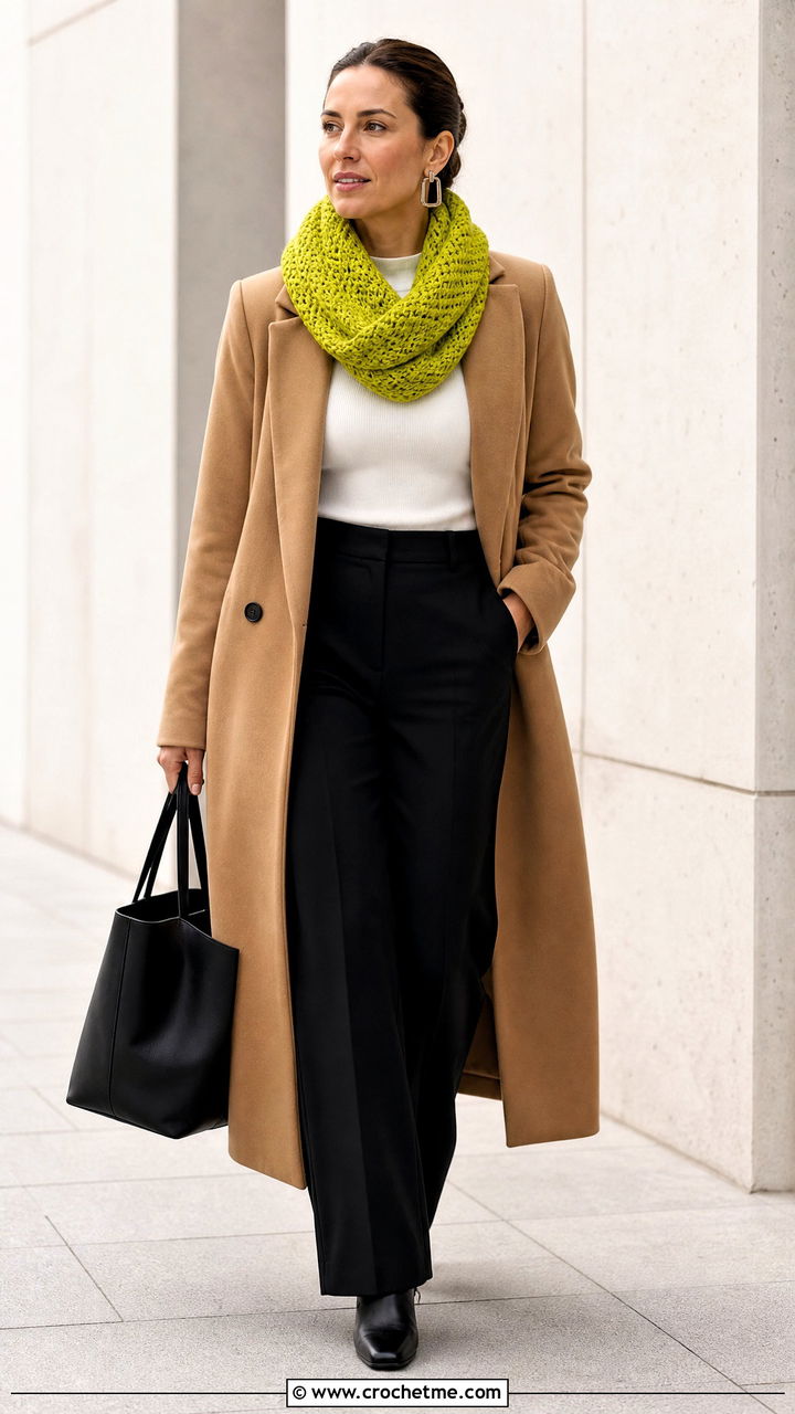 Mbius Crochet Cowl With Minimalist Coat - 35 crochet cowl outfit ideas