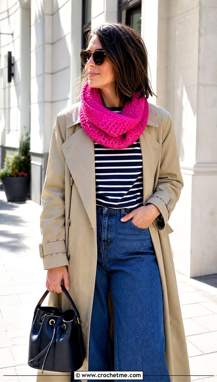 Mbius Crochet Cowl With Trench Coat And Wide Leg Jeans - 35 crochet neck warmer cowls outfit ideas