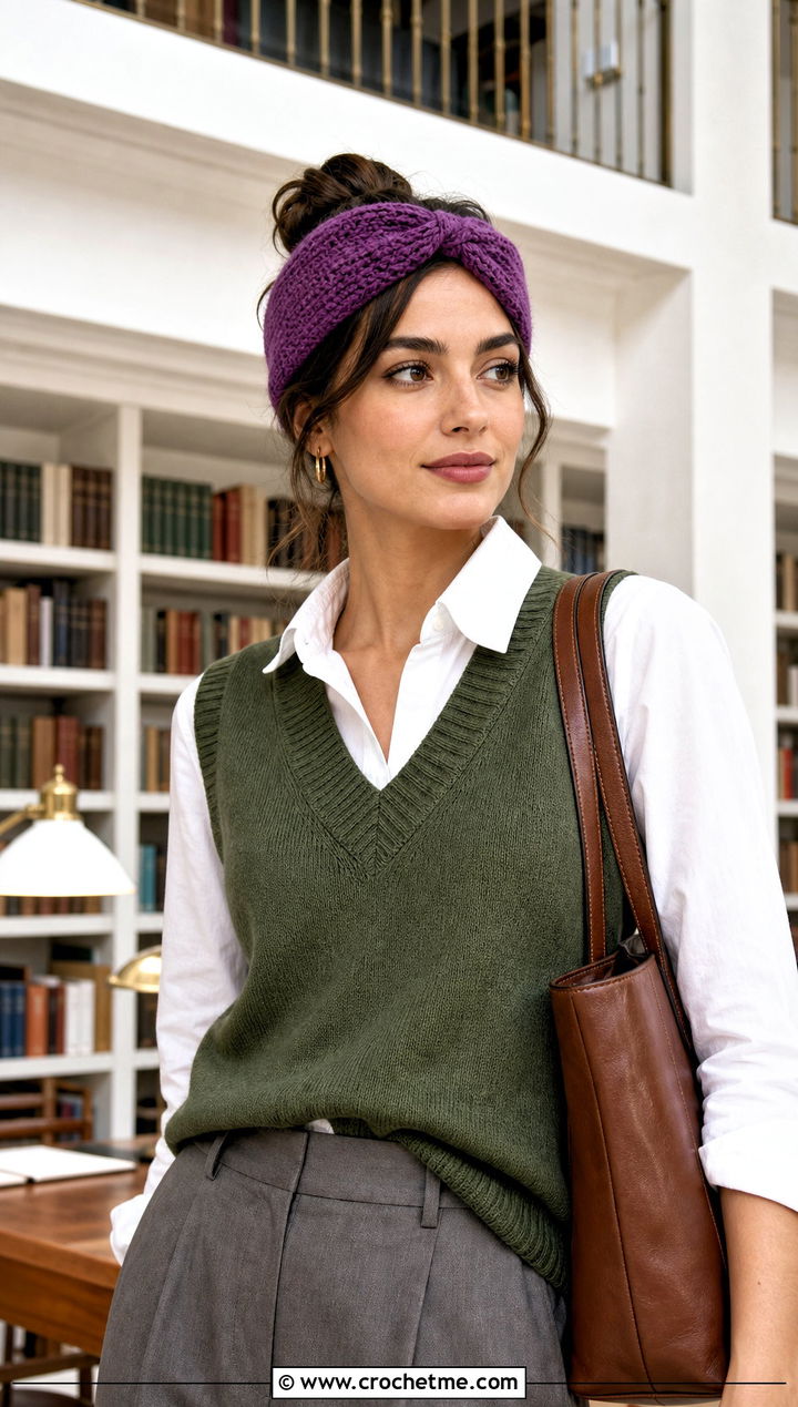 Mbius Crochet Headband With Sweater Vest Outfit - 30 quick crochet headband outfit ideas