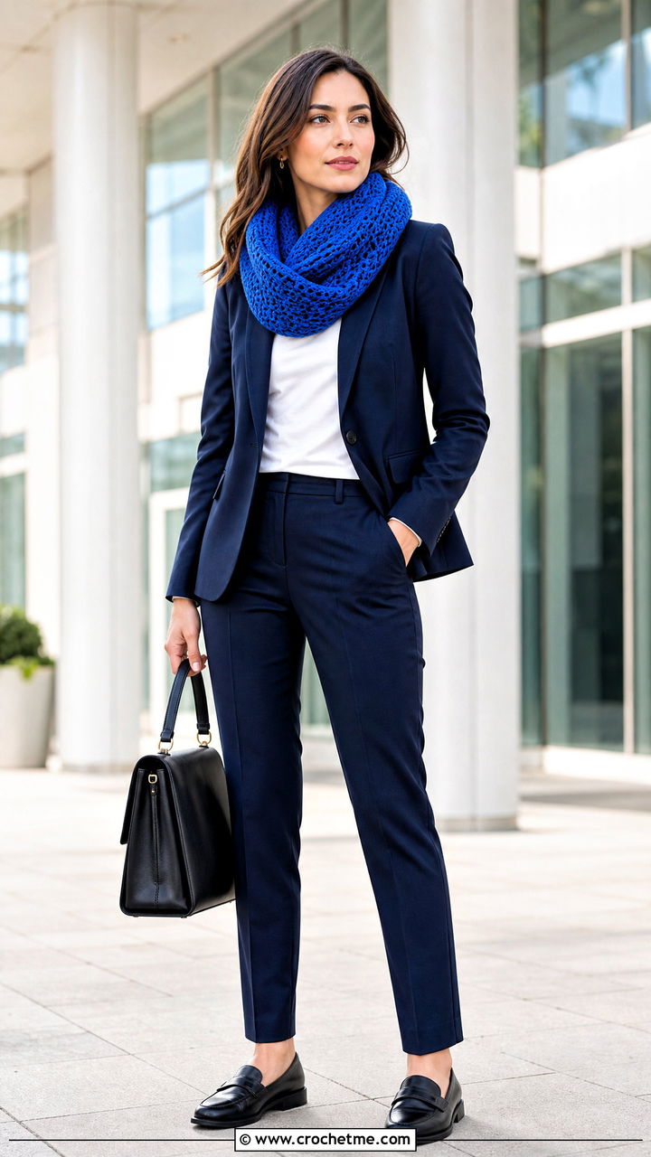 Mbius Crochet Infinity Scarf With Blazer And Trousers - 35 crochet infinity scarf outfit ideas