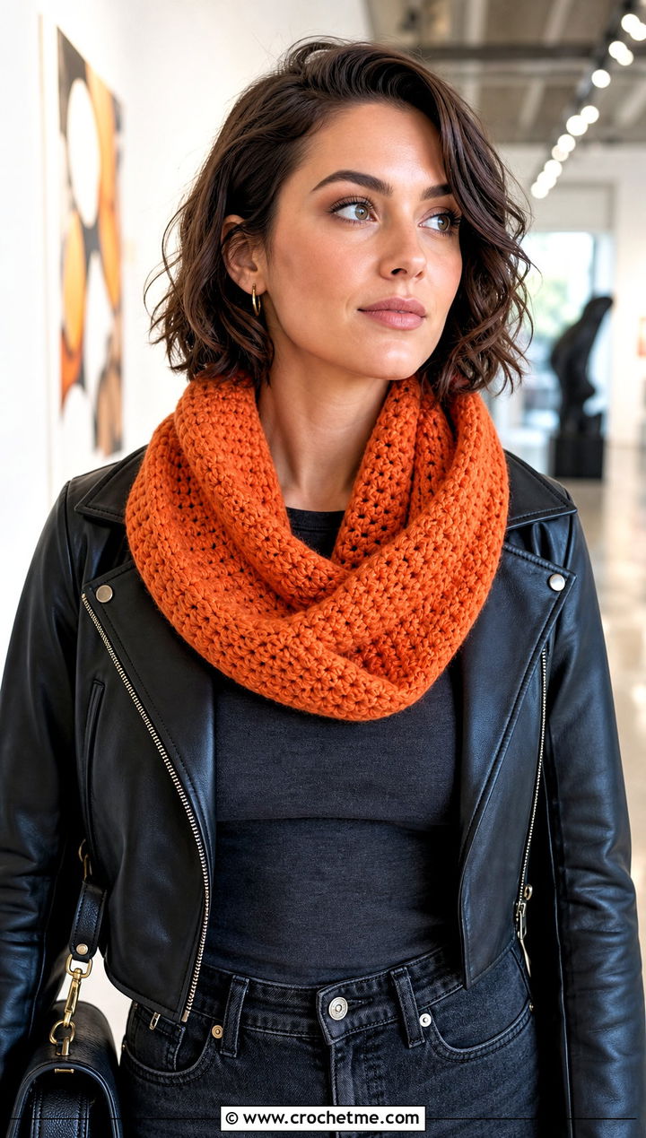Mbius Crochet Infinity Scarf With Leather Jacket - 30 crochet infinity scarves outfit ideas