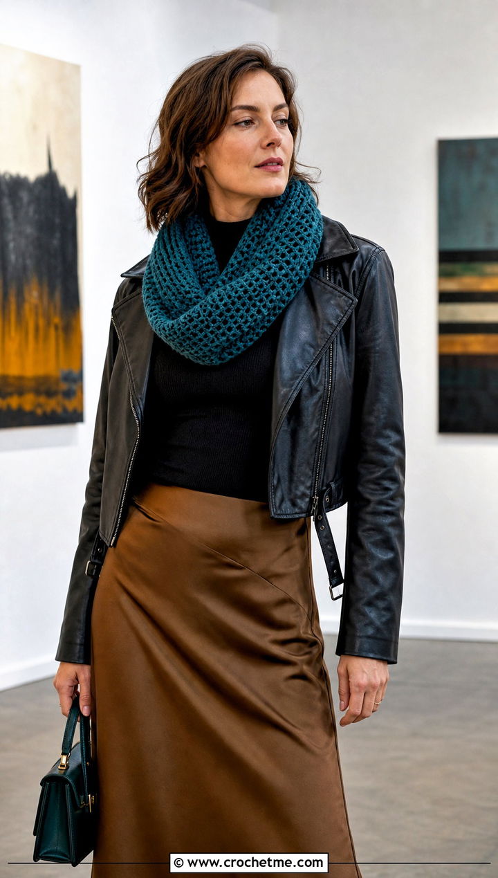 Mbius Crochet Scarf With Leather Jacket And Midi Skirt - 20 Crochet Loop Scarf outfit ideas