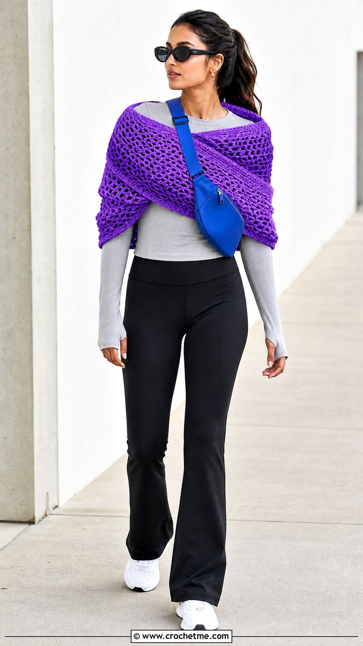 Mbius Crochet Wrap With Athleisure Outfit - 35 crochet shawls and wraps outfit ideas