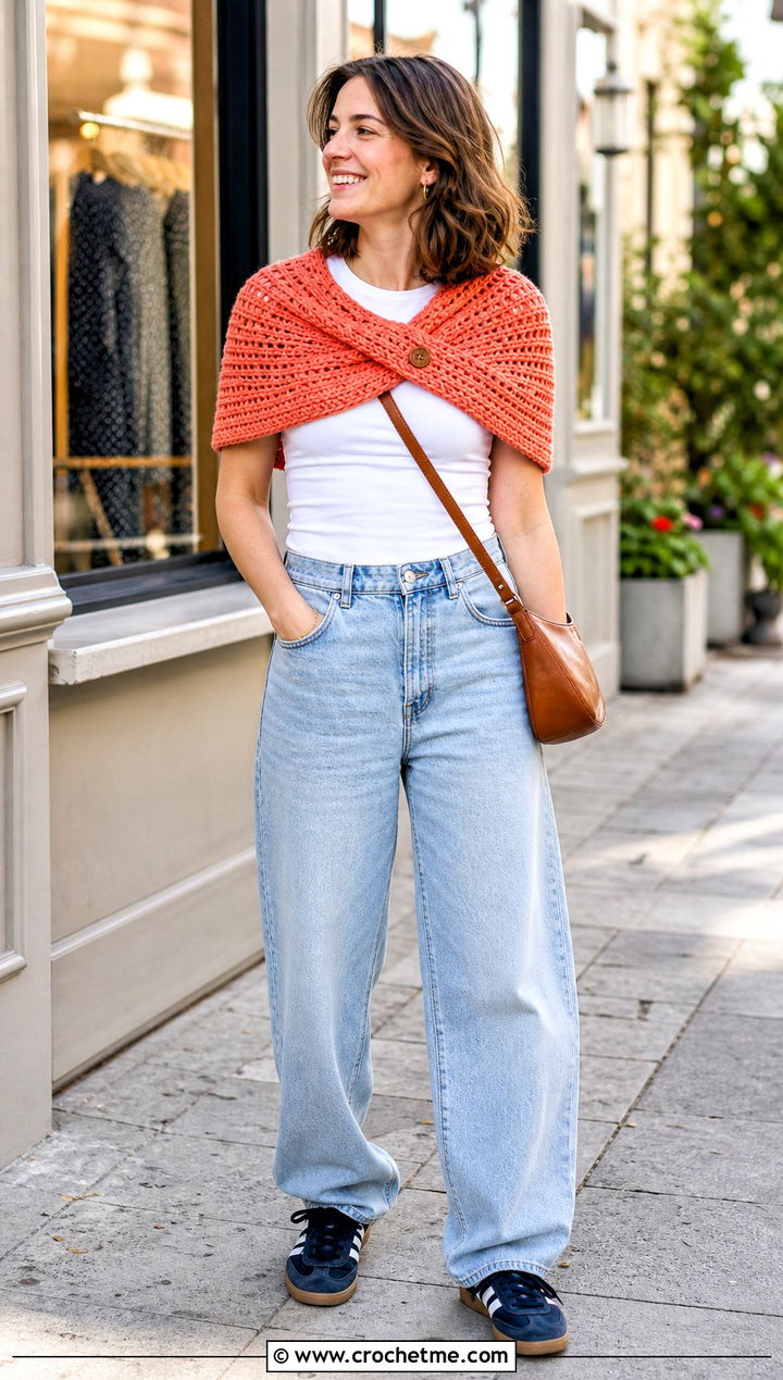 Mbius Crocheted Capelet With T Shirt And Barrel Jeans - 25 Crocheted Capelet outfit ideas