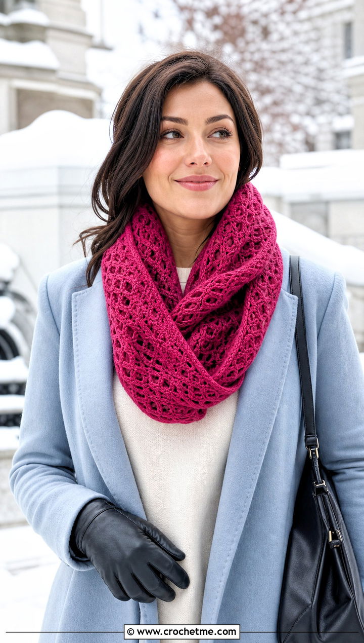 Mbius Lace Infinity Scarf With Wool Coat - 20 Lacy Crochet Infinity Scarf outfit ideas