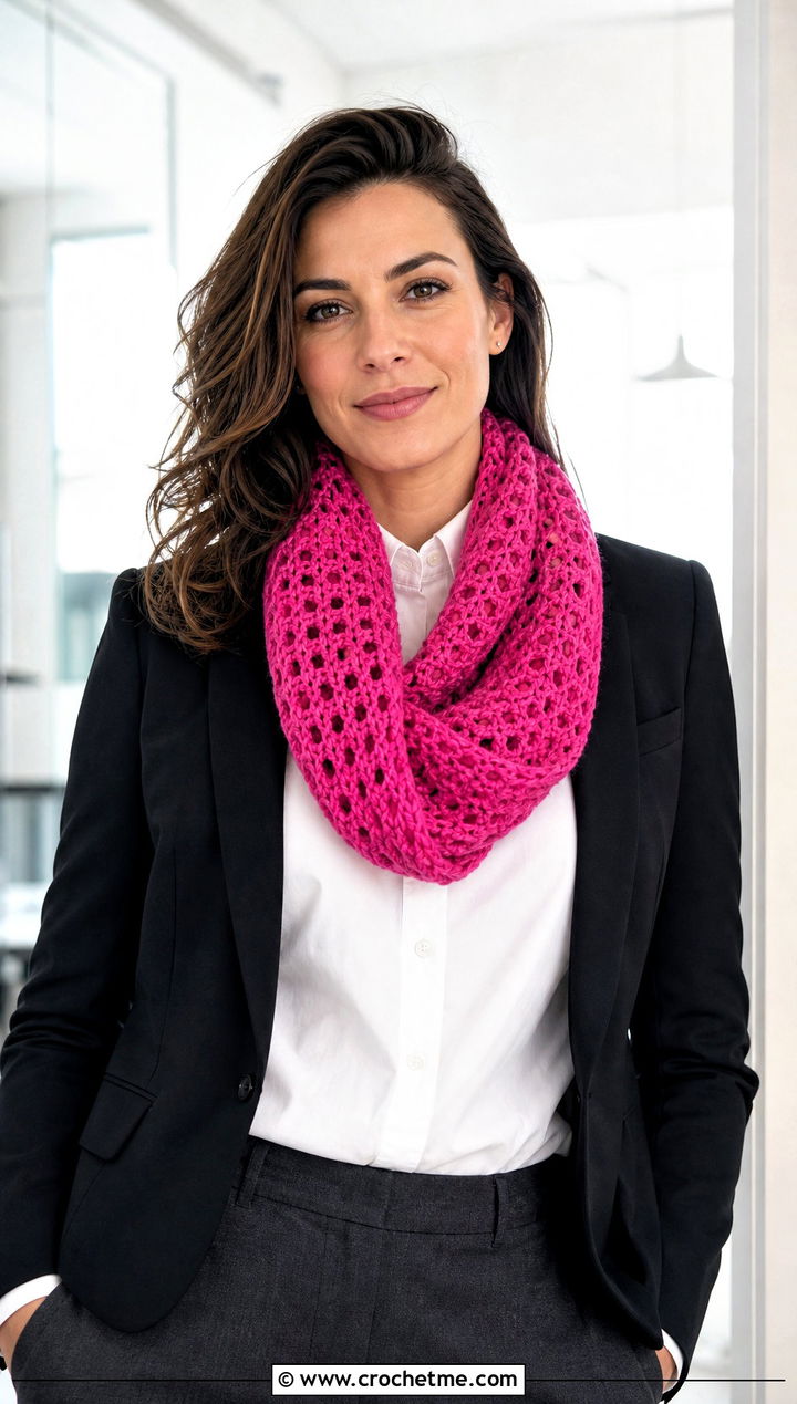 Mbius Lattice Crocheted Infinity Scarf With Blazer and Tailored Trousers - 15 Easy Crocheted Infinity Scarf outfit ideas