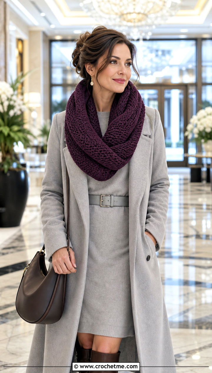Mbius Tunisian Infinity Scarf With Sweater Dress And Tall Boots - 15 Tunisian Crochet Infinity Scarf outfit ideas