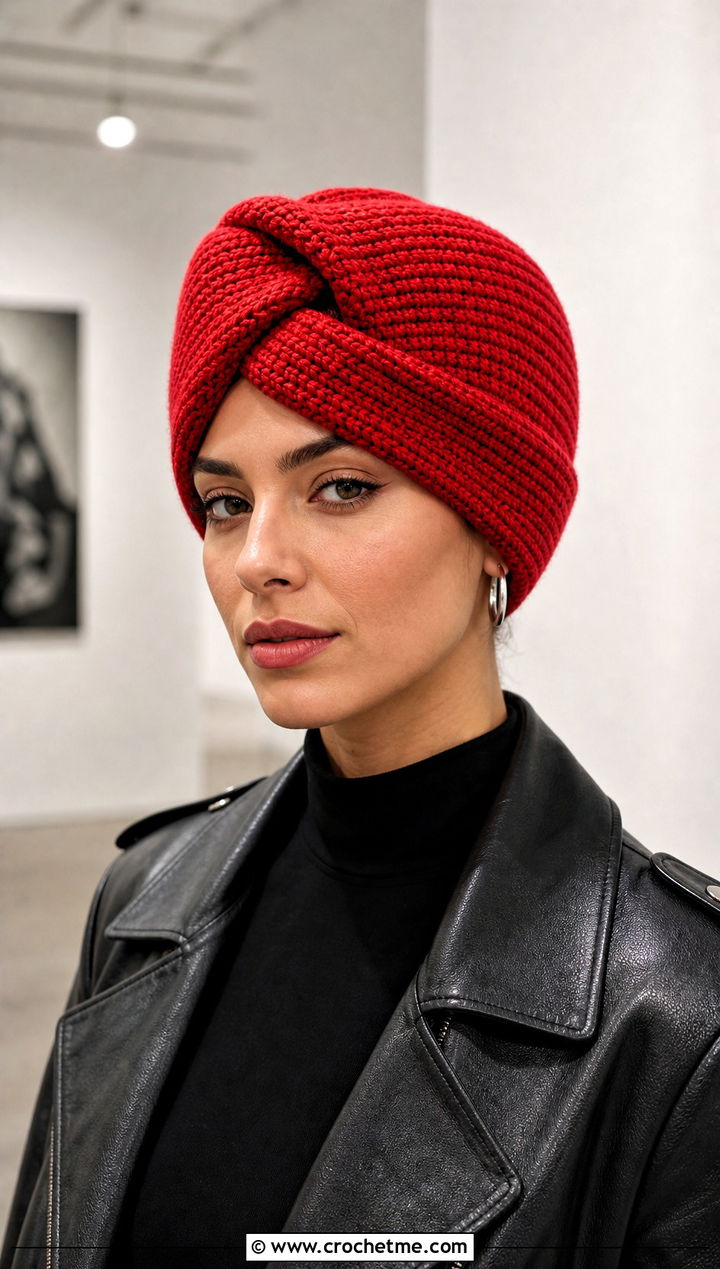 Mbius Twist Crochet Turban Hat With Leather Jacket - 15 crochet turban style hat outfit ideas