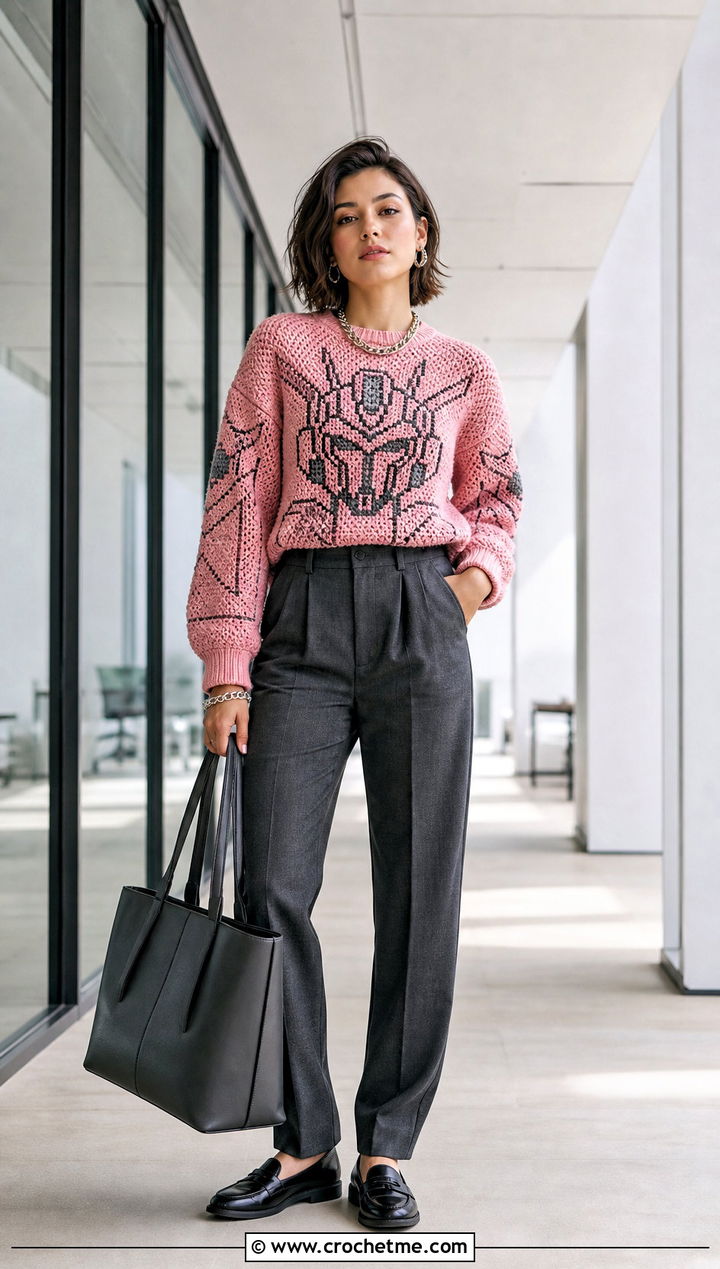 Mecha Graphic Crochet Sweater With Tailored Trousers - 30 Anime Crochet Sweater outfit ideas