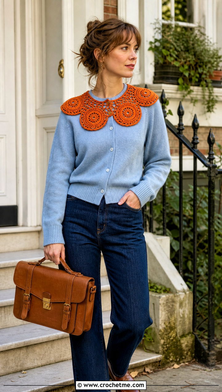 Medallion Crochet Collar With Cardigan And Straight Jeans - 15 Vintage Crochet Collar Design outfit ideas